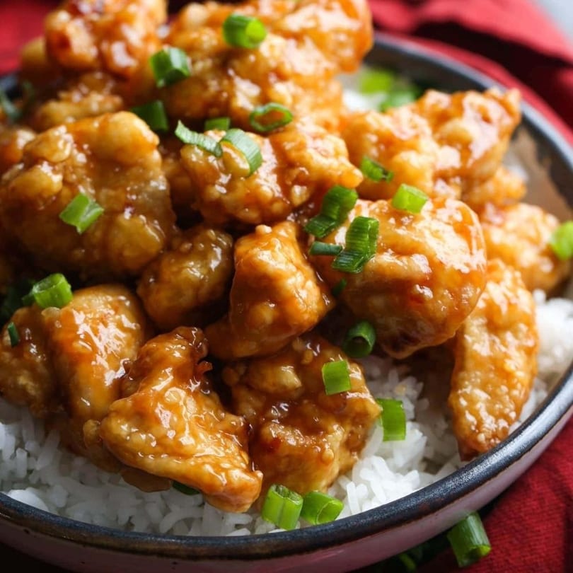 Close-up of orange chicken with green onions over white rice in a bowl.